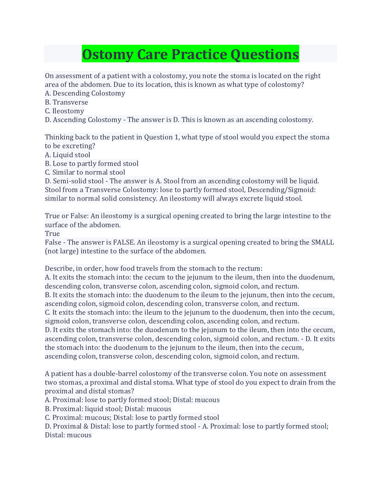 Preview image for Ostomy Care Practice Questions And Answers/ Download